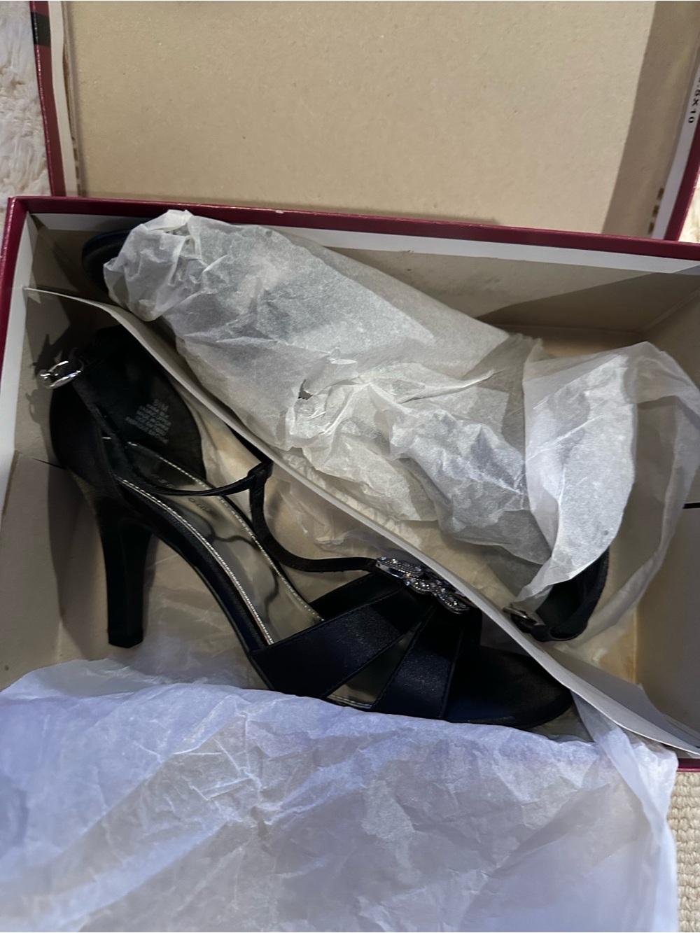 Black Satin Rhinestone-Embellished Strappy Heels